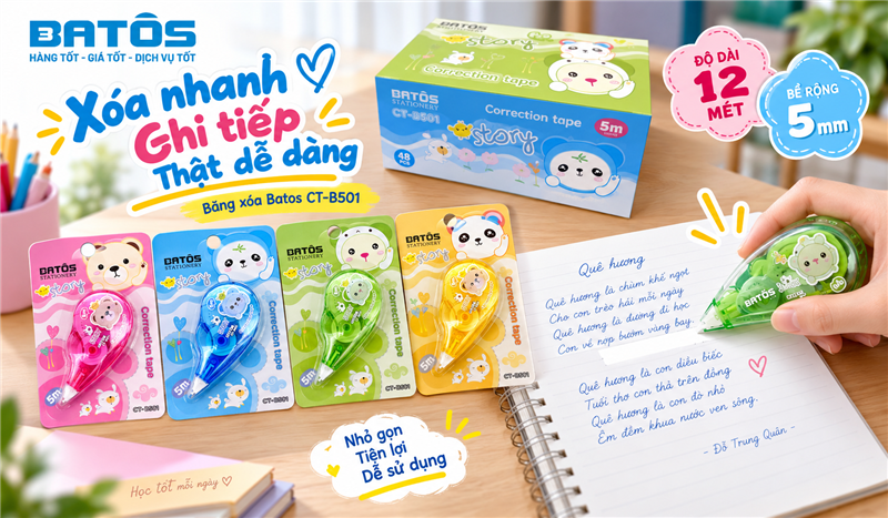 Băng xóa Batos – Kéo nhẹ, xóa sạch, vở luôn trắng đẹp