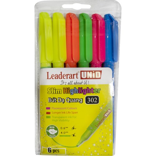 Bút dạ quang thân mảnh nắp nhựa cài Leaderart - Vỉ 6 chiếc