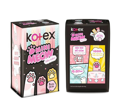 Bịch 8 gói băng vệ sinh Kotex Mini Meow siêu mềm siêu mỏng cánh 8 miếng/ gói - Hàng chính hãng