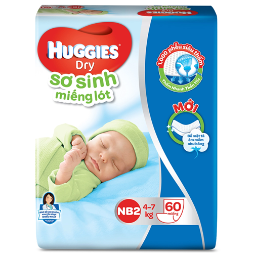 Tã dán sơ sinh Huggies Dry NB74 S56 cho bé từ 4-8kg - Hàng chính hãng, date mới