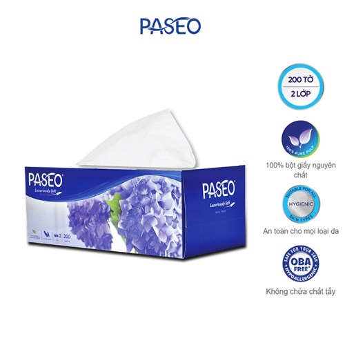 Khăn giấy hộp cao cấp Paseo Luxuriously Soft 200 tờ 2 lớp - Khăn giấy lau mặt, an toàn cho mọi loại da