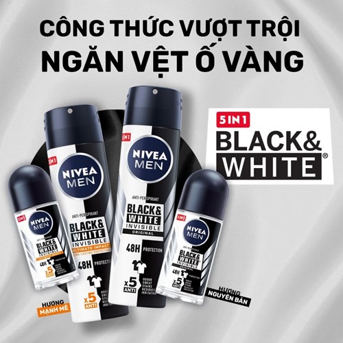 Lăn Ngăn Mùi NIVEA MEN Black&White Ngăn Vệt Ố Vàng Vượt Trội - Hương Nhẹ Nhàng (50 ml) - 82245