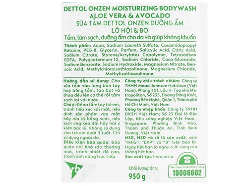 Sữa tắm Dettol Onzen kháng khuẩn và dưỡng da hương lô hội & bơ 950g