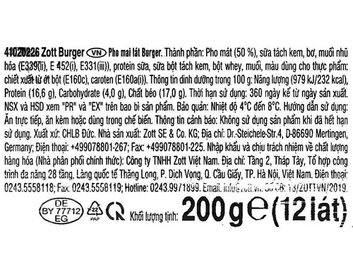 Phô mai lát Burger Zott gói 200g/ 12 lát