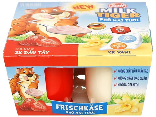 Phô mai tươi Zott Milk Tiger hương dâu vani 50g x 4 hộp/ lốc