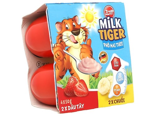 Phô mai tươi Zott Milk Tiger hương chuối 50g x 4 hộp/ lốc