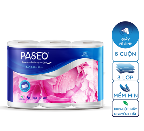 Giấy vệ sinh cao cấp Paseo Elegant dai, mềm mịn - 6 cuộn 3 lớp/lốc (hồng)
