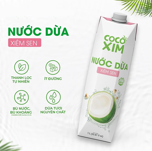 Thùng 12 hộp nước dừa Cocoxim xiêm sen 1 Lít