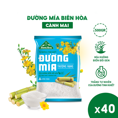 Thùng 40 túi đường mía thượng hạng cành mai Biên Hòa 500gr