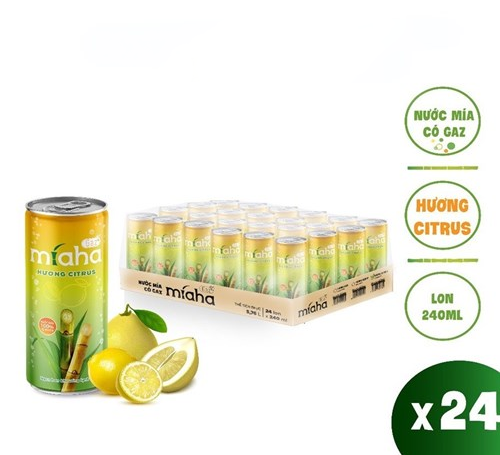 Thùng 24 lon nước mía có gaz Mia-Ha hương Citrus 240ml