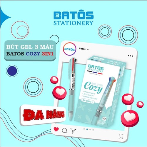 Bút gel Batos Cozy ngòi 0.5mm 3in1 màu xanh - đen - đỏ 